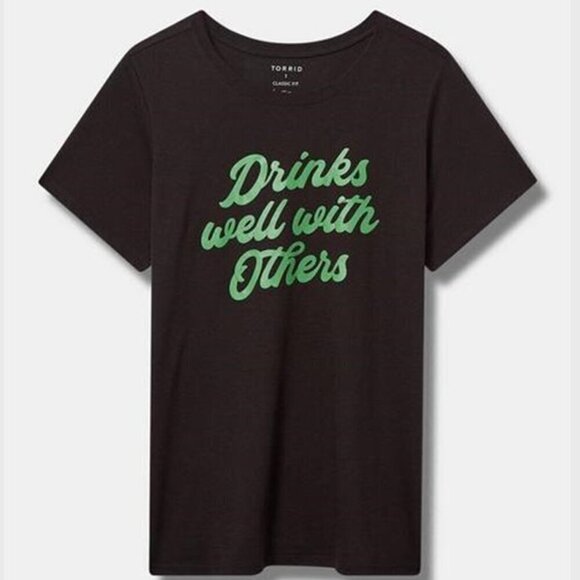 torrid Tops - Torrid - "Drinks Well with Others" Classic Fit Signature Jersey Tee, Deep Black 